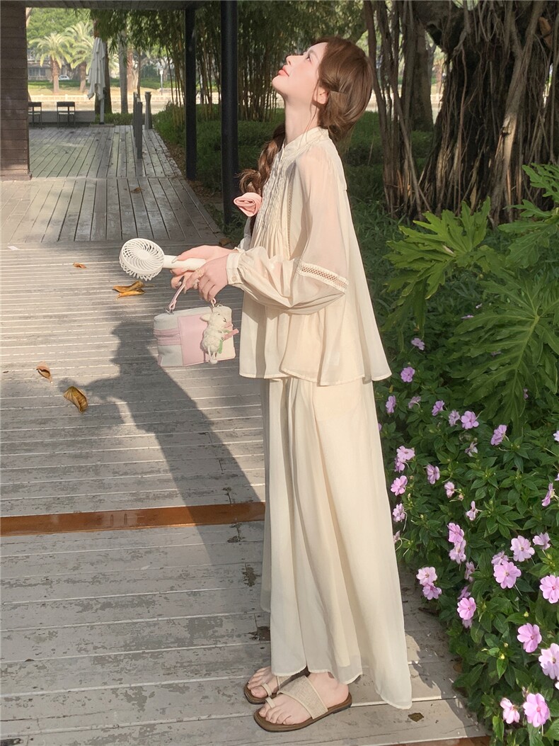 超仙时尚雪纺套装女2026春夏新款半透减龄显瘦流行阔腿裙裤三件套,女装套装/套裙,衣秀之家