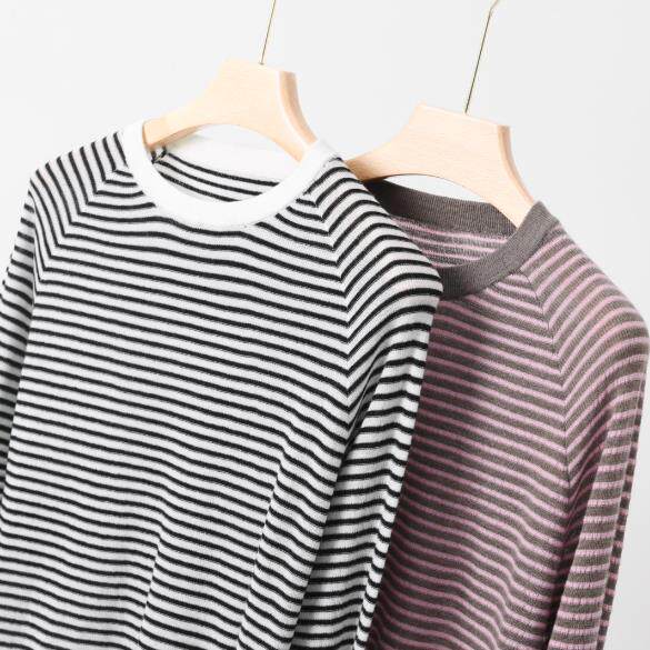 扬子纱羊毛精纺条纹圆领针织衫，女装针织衫/毛衣，杭跃羊绒