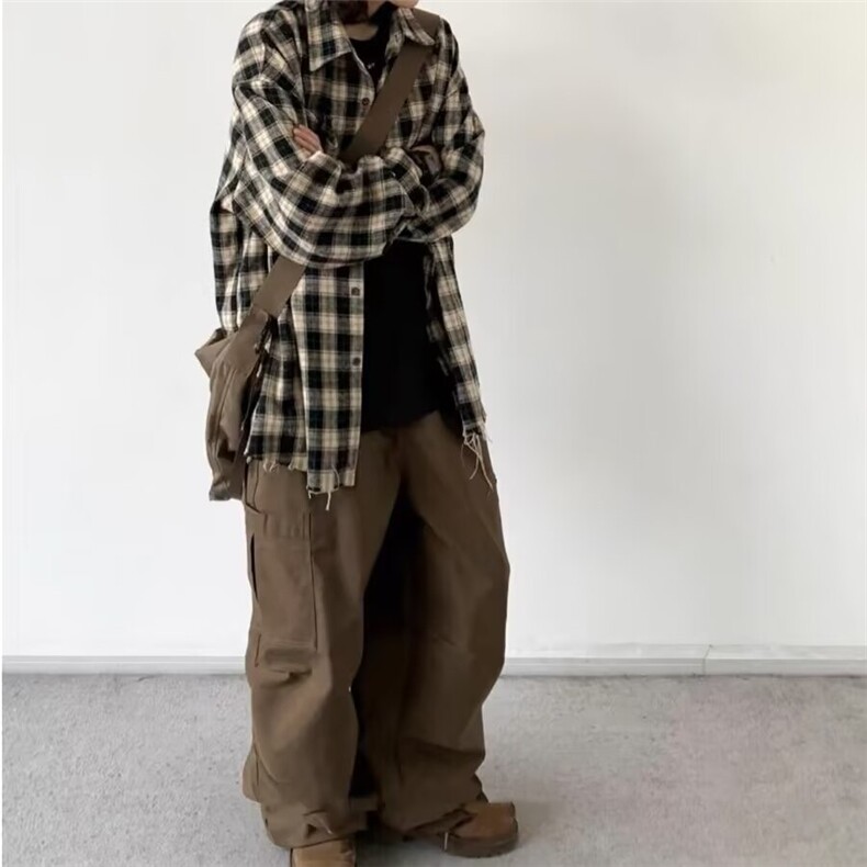 日系古着宽松格子衬衫男学院风刺绣破烂长袖工装衬衣情侣毛边外套,男装衬衫,星座1018A