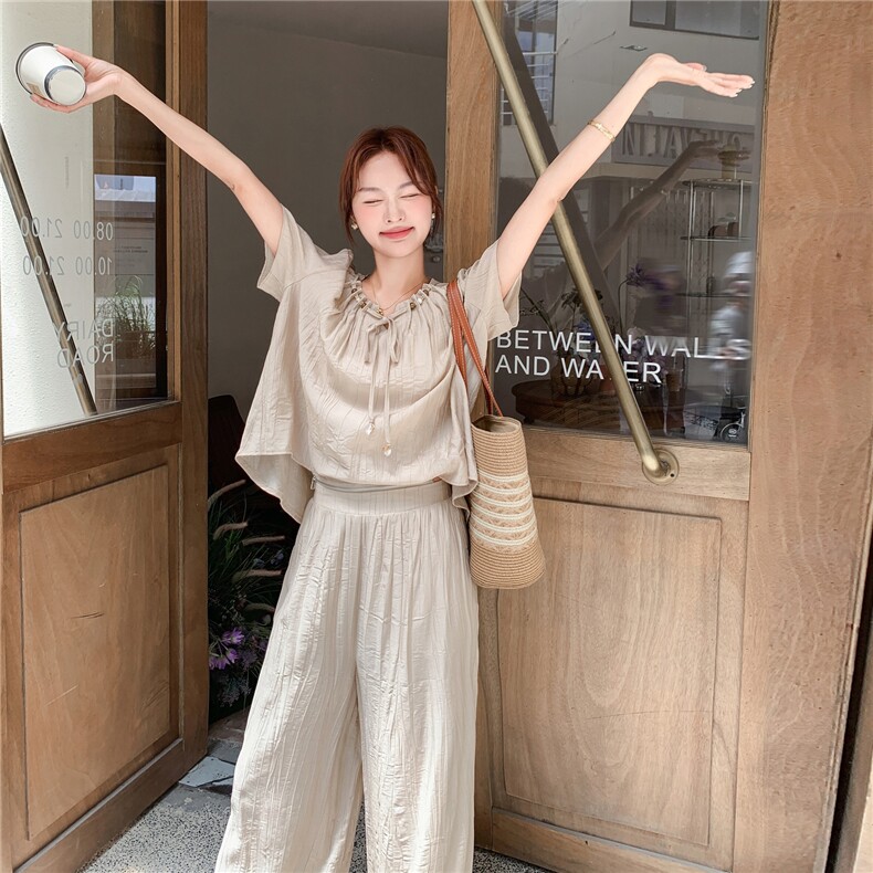 短袖上衣高腰阔腿裤时尚套装女2025年夏季新款韩系休闲显瘦两件套,女装套装/套裙,2C262