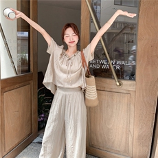 短袖上衣高腰阔腿裤时尚套装女2025年夏季新款韩系休闲显瘦两件套，女装套装/套裙，2C262