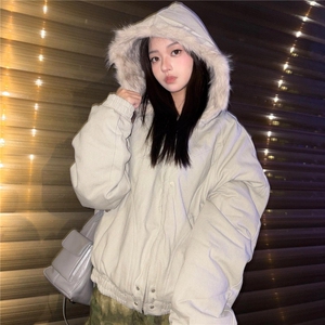 潮美式复古棉服女2025新款冬季黑色连帽外套女毛领加厚棉衣棉袄图片
