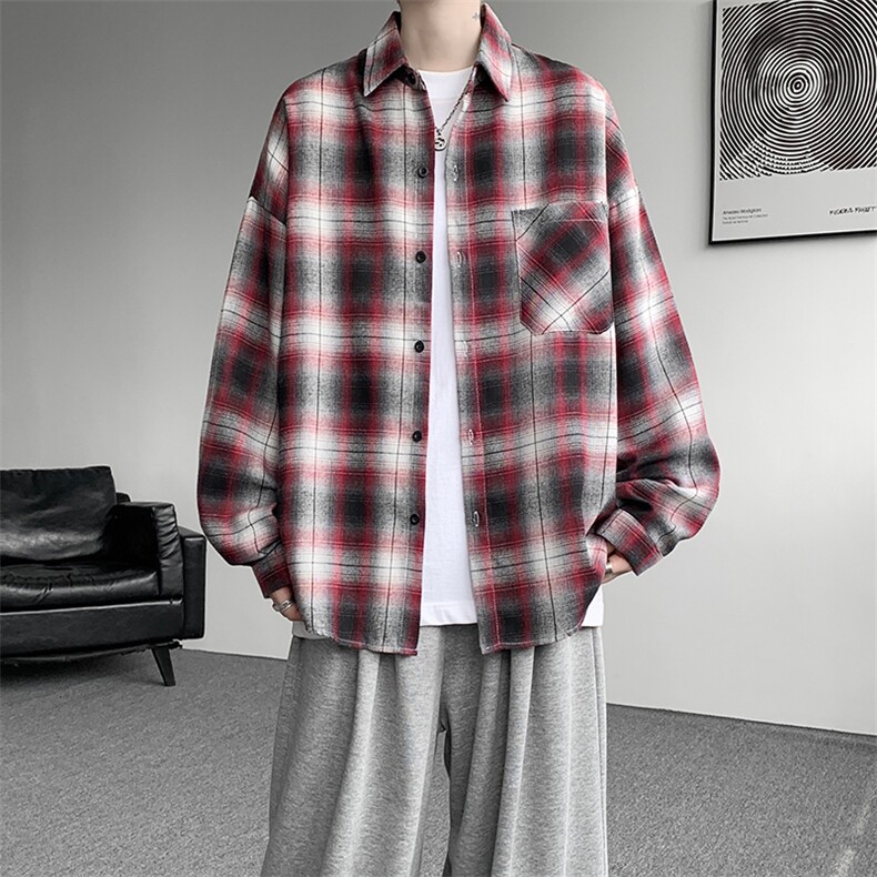 衬衫男秋季新款港风宽松大码磨毛格子长袖衬衣CS131-特P28，男装衬衫，星座214-3