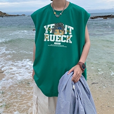 抖音供货、200克现货全棉印花背心宽松无袖T恤D223A-BX2301-P25，男装背心/马甲，电商019-1