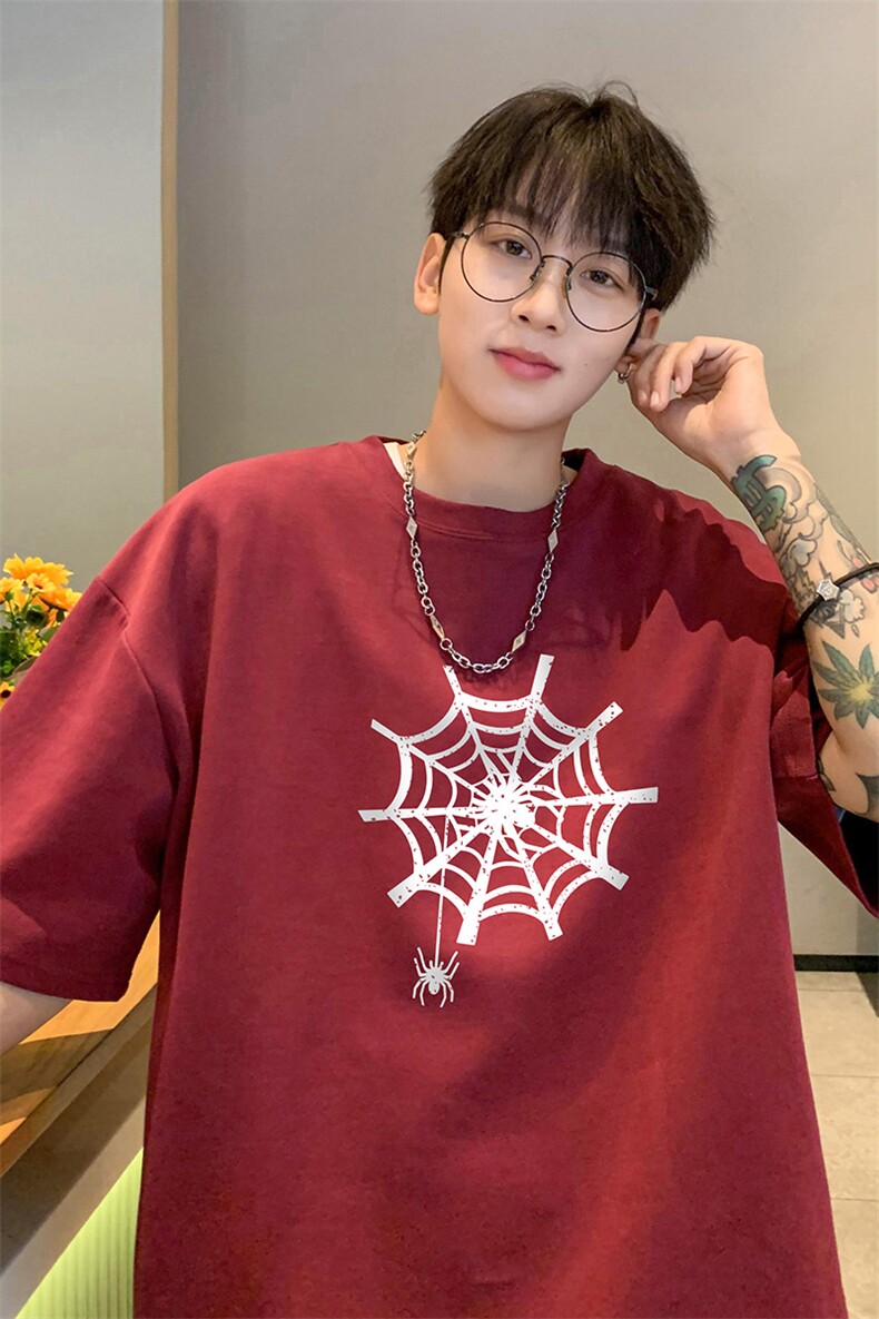 美式潮牌蛛网印花短袖男oversize重磅纯棉半截袖休闲百搭情侣t恤,男装T恤,电商B371
