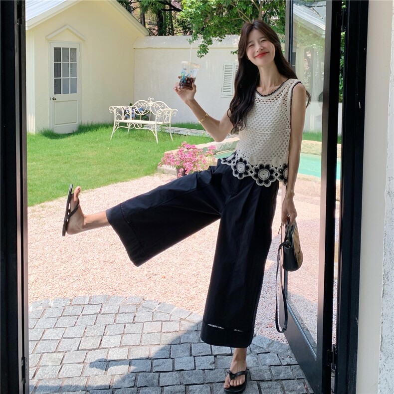 法式高级感镂空背心套装女2025夏季新款气质休闲显瘦阔腿裤两件套,女装套装/套裙,2C135
