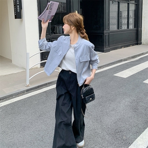 蓝色麂皮绒短外套女2025春季新款流行爆款超火减龄小个子机车夹克图片