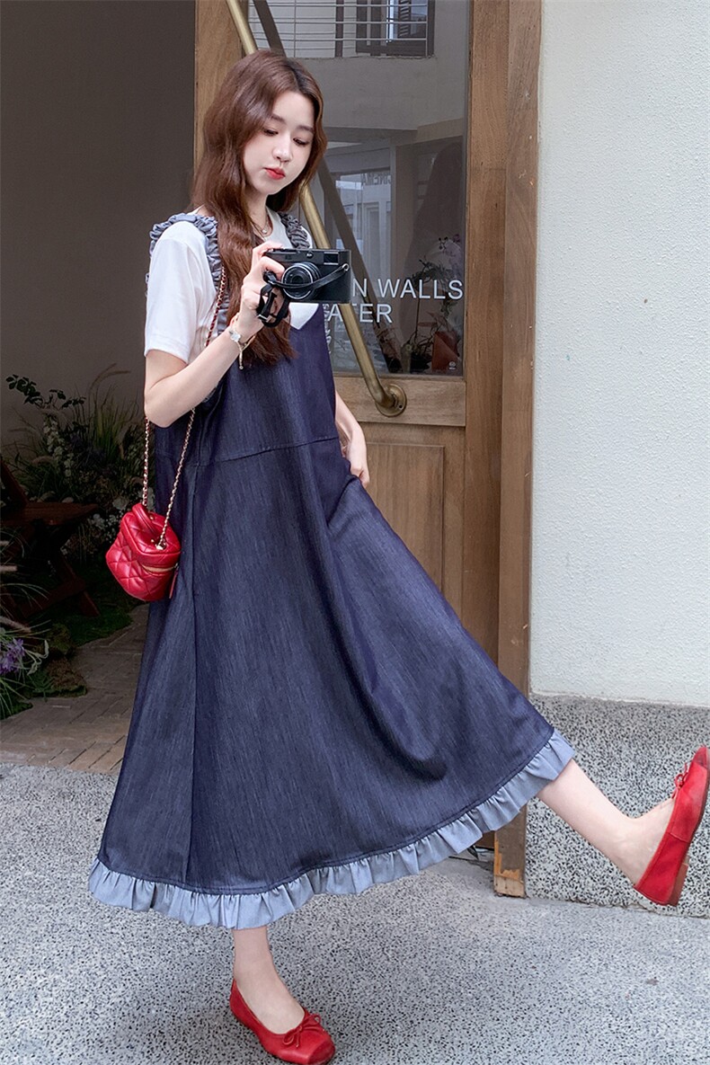 深蓝色牛仔背带裙T恤套装裙女夏新款超好看后背蝴蝶结休闲两件套,女装套装/套裙,2C317A