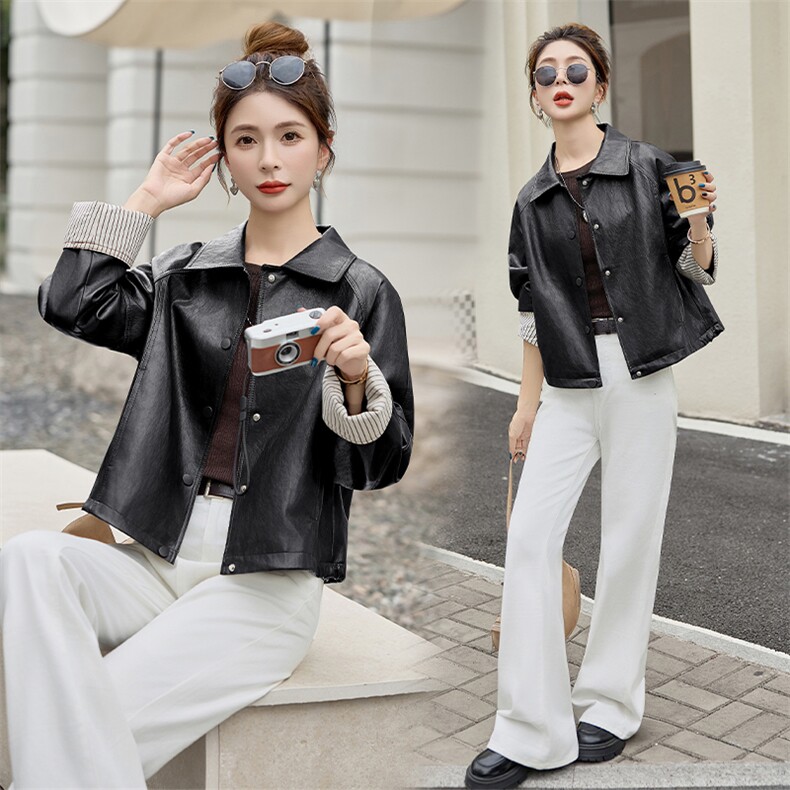 2025秋季女装新款大量现货时尚韩版立领袖口翻边撞色短款皮衣外套，女装皮衣，美拉德工厂直营店