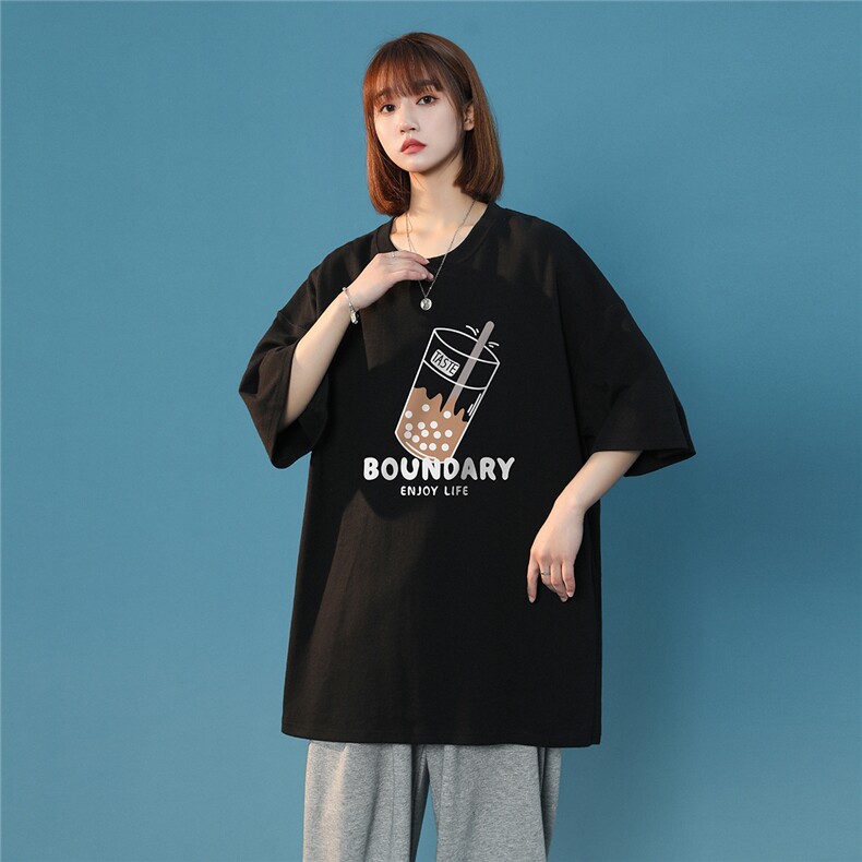 港风 2026夏季新品奶茶印花圆领休闲七分袖短袖T1094 P25----控38图片