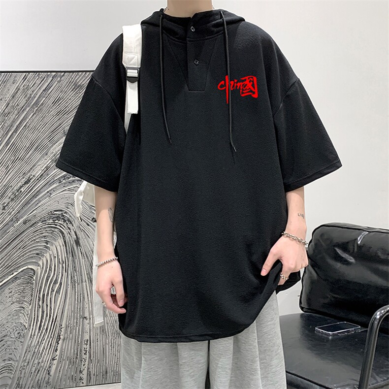 LD54276-P45连帽短袖t恤男大码胖子带帽五分袖中袖,男装T恤,电商A040