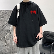 LD54276-P45连帽短袖t恤男大码胖子带帽五分袖中袖，男装T恤，电商A040