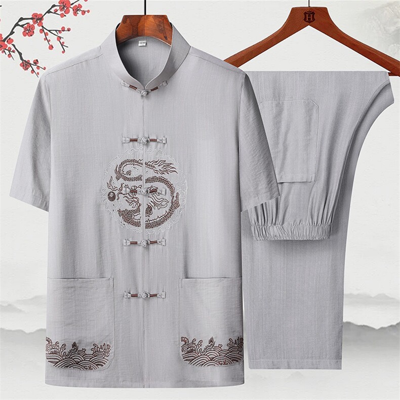 2025夏季薄款高端风棉麻绣花短袖衬衫唐装汉服套装2312-P95,男装衬衫,星座1105-3