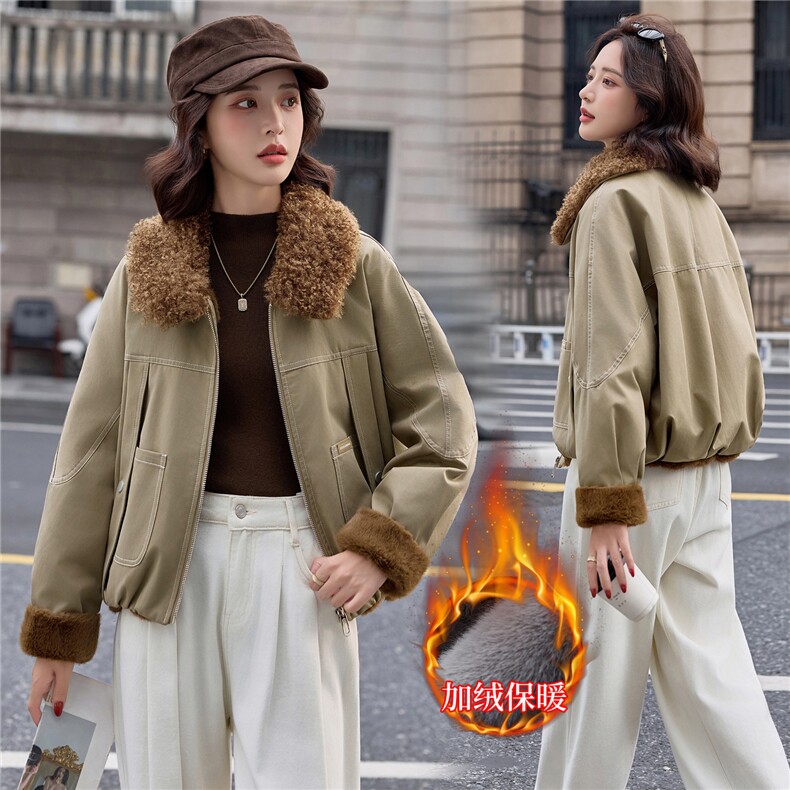 【大量现货】羊羔毛外套女2025秋冬新款小个子巨好看的韩系加绒加厚短款派克服,女装棉衣/棉服,依路服饰