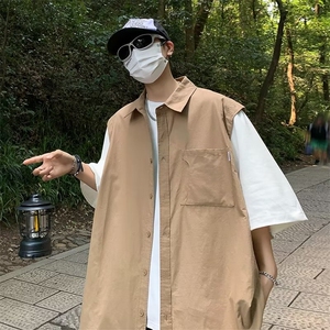 夏季新款衬衫潮流慵懒男方领假两件衬衫P38