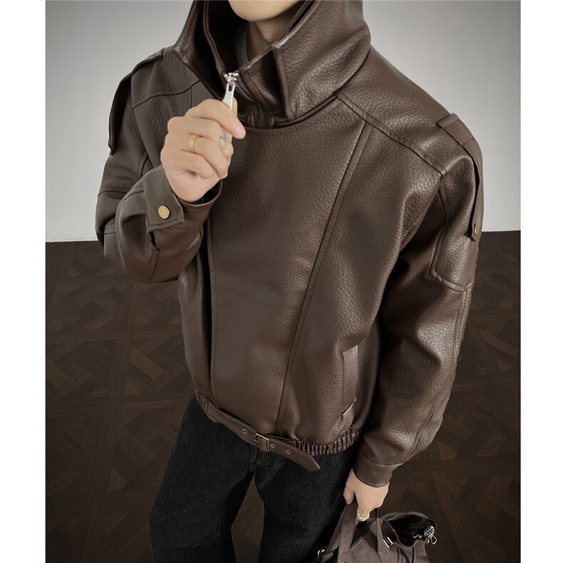 荔枝纹双层领廓形大码M-5XL机车面层PU皮衣JK78095特P108控，男装皮衣，星座226-1