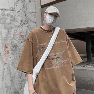 B239-1082-P38 美式做旧 水洗 字母 短袖宽松T恤男图片
