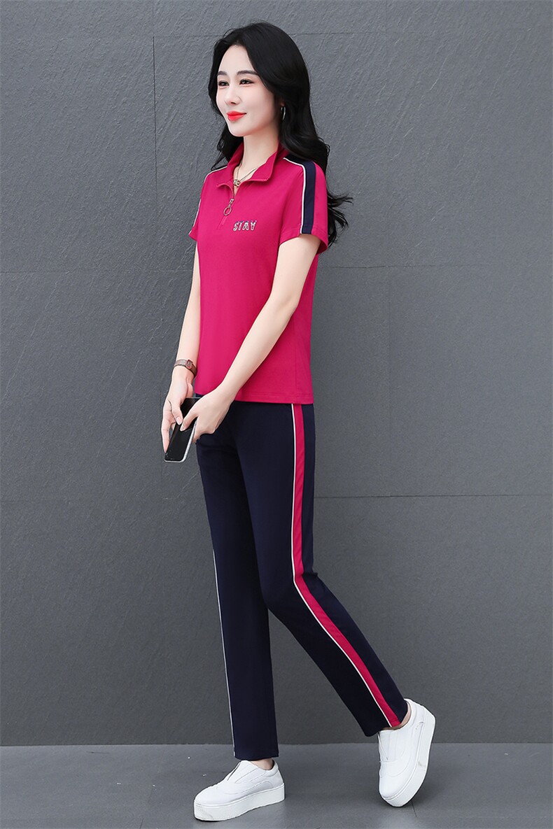 半拉链运动套装女夏季2024新款中老年妈妈跑步休闲大码短袖两件套,女装运动套装,燕颉服饰
