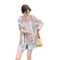 民族风蓝色碎花衬衫短裤套装女夏2025新款小个子两件套超火爆款，女装套装/套裙，2D044