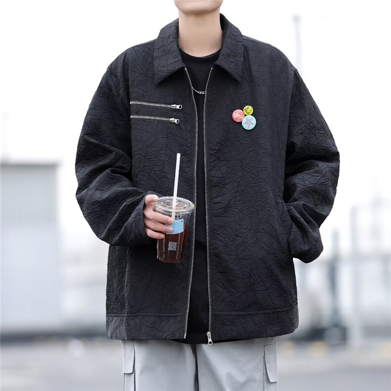 外套男复古休闲褶皱高级设计感小众帅气宽松拉链徽章夹克 JW9301图片