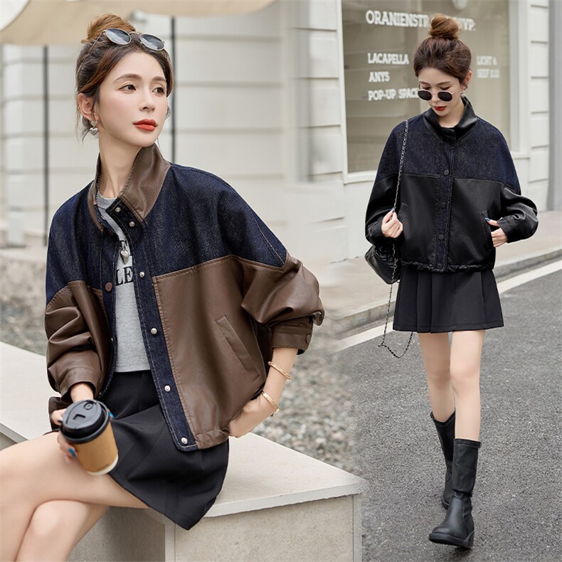 海宁皮衣牛仔拼接立领外套女2025秋新款宽松休闲百搭时尚夹克上衣，女装皮衣，潮流依族