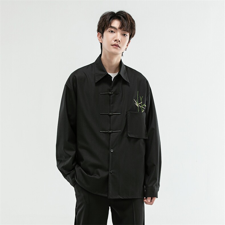 秋冬风新中式翠竹刺绣金属飞机扣宽松大码衬衫男女款31212,男装衬衫,星座305A（原312A-1）