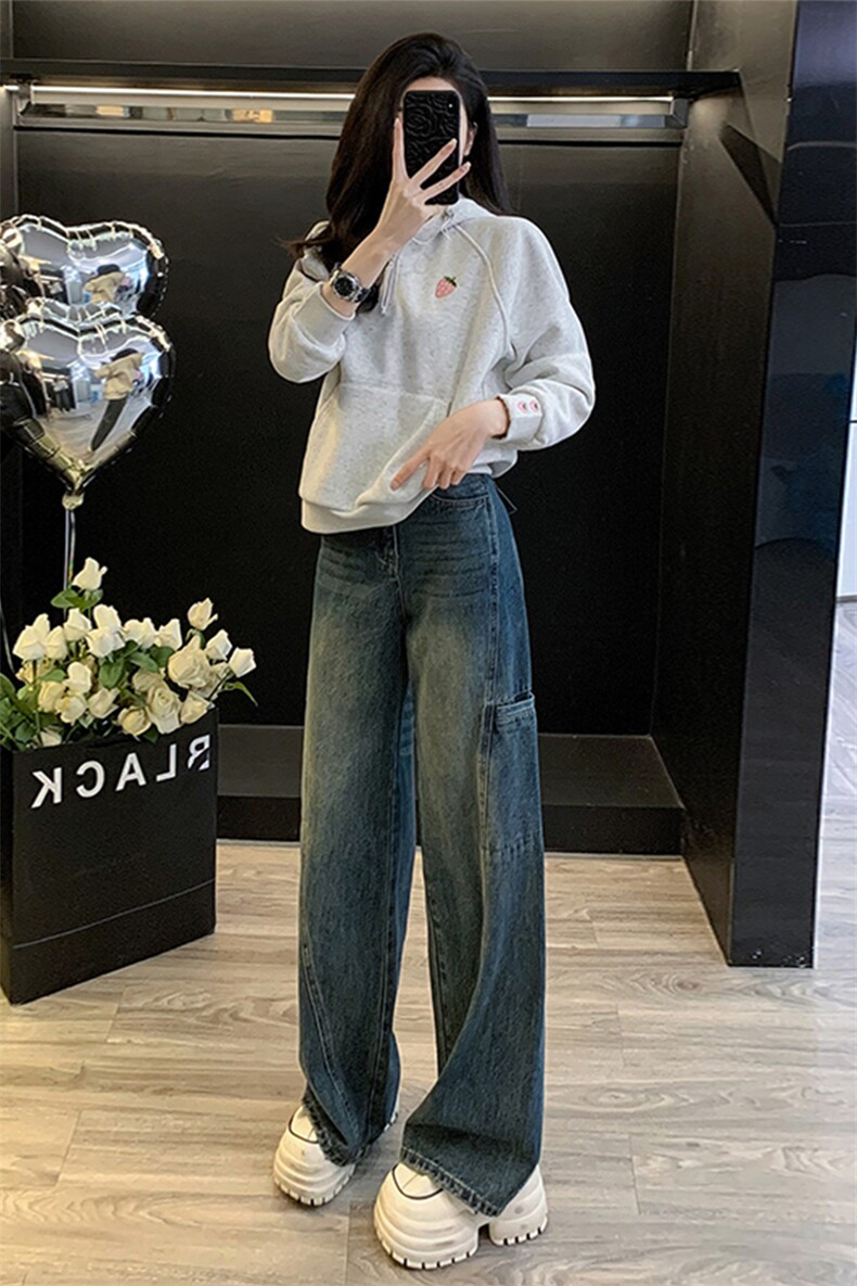 女秋冬减龄灰色卫衣阔腿牛仔裤套装潮,女装套装/套裙,江南