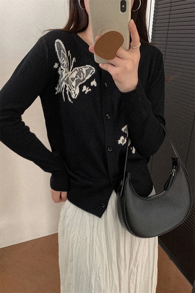 蝴蝶嵌花春季新款女士舒适简约针织开衫,针织衫/毛衣,佰米娇羊绒