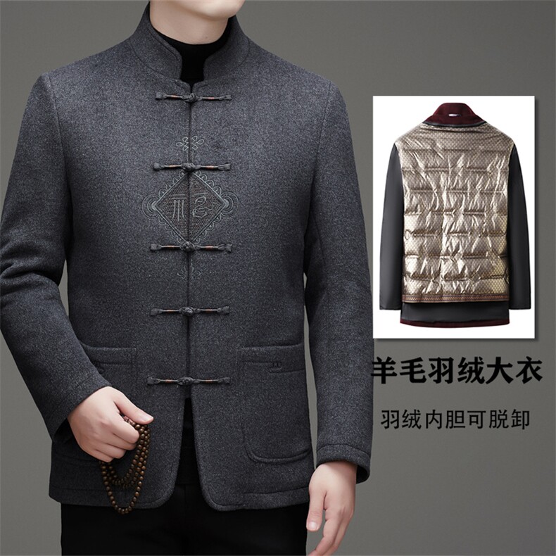 常货中老年双面呢羽绒服唐装男风中式盘扣羊毛呢羽绒内胆唐装,男装羽绒服,钱塘723
