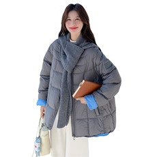 欧货2025冬休闲百搭毛线围脖90白鸭绒羽绒服女中长款连帽显瘦外套，女装羽绒服，艾米莉亚