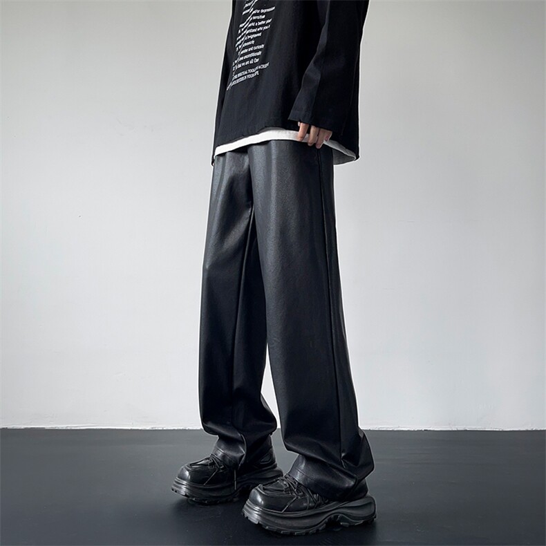 直筒显瘦黑色PU皮皮裤宽松百搭阔腿裤男女XZ211-1-K2349-P65，男装皮裤，星座211-1