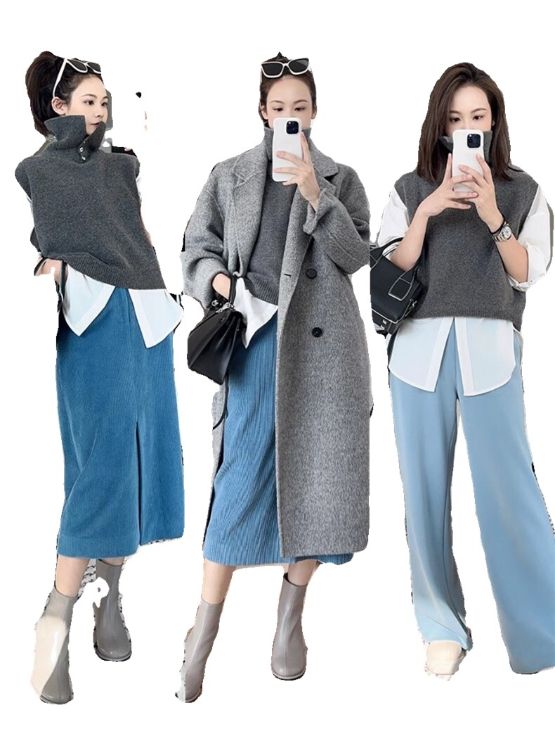 春秋羊毛针织马甲女款2024新款高领叠穿毛衣无袖背心坎肩上衣,女装马甲,丽特绒