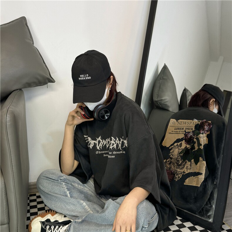 美式复古麂皮短袖阔版宽松街头高报纸玫瑰上衣XZ301B-JB4302-P28,男装T恤,星座301B