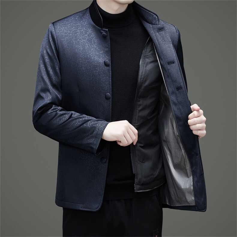 现货中年90绒羽绒服唐装男复古盘扣风羽绒服外套中式唐装,男装羽绒服,钱塘723