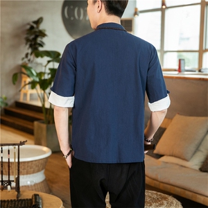 风棉麻短袖衬衫男五分袖衬衣盘扣T恤唐装茶服T052-P55可定制图片