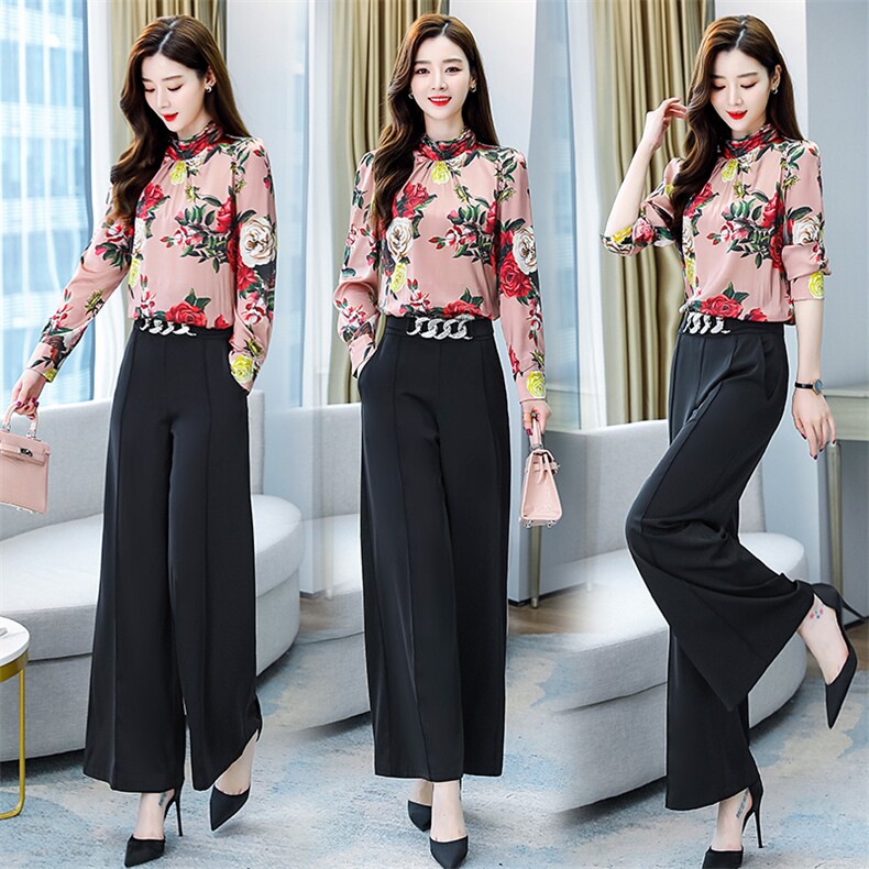 2021春装新款时尚修身印花阔腿裤套装，女装套装/套裙，天丝秀