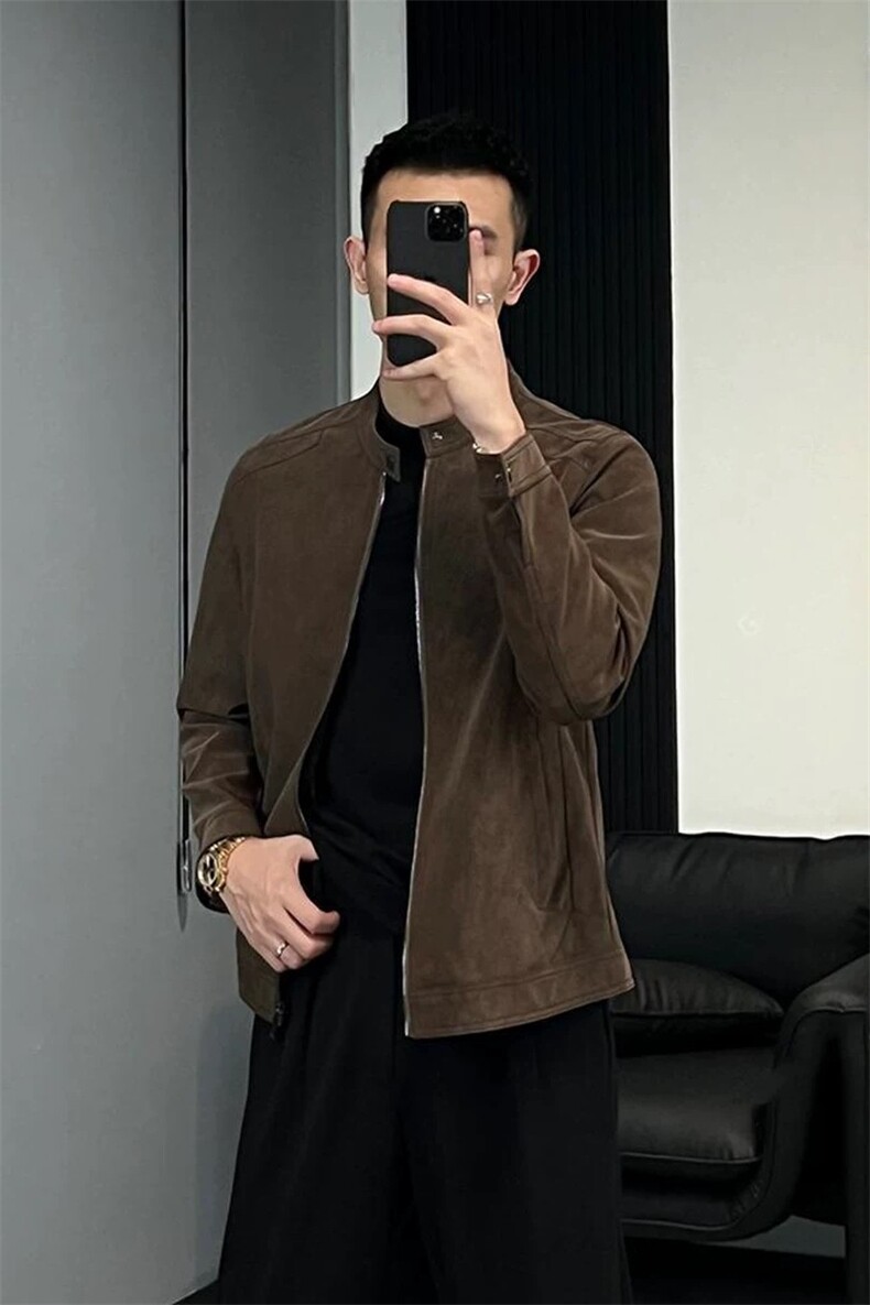 抖音网图现货秋季立领pu皮衣外套男复古修身皮夹克JK32P135,男装皮衣,电商B276A