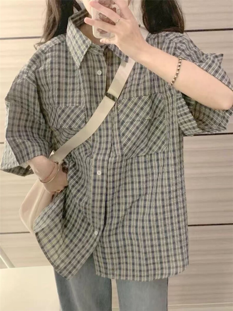 日系复古夏季短袖格子衬衫女休闲宽松街头工装上衣513DC1925P25,男装T恤,星座513