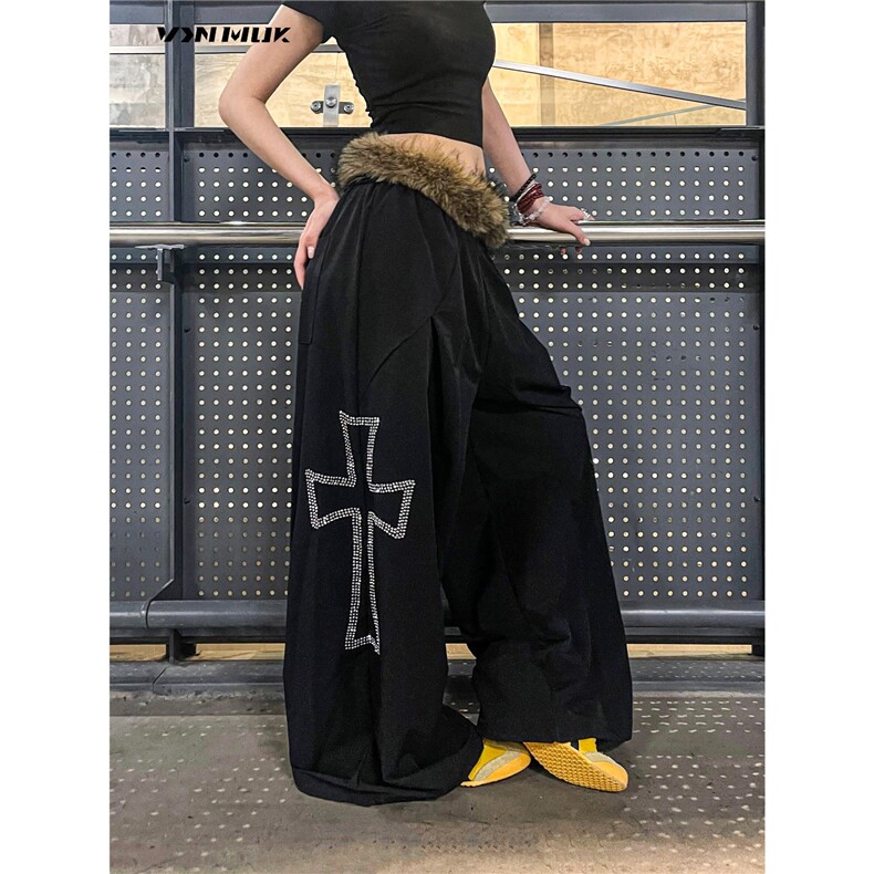 VINMUK美式可拆卸毛领十字架烫钻阔腿休闲裤潮牌新款慵懒运动卫裤,女装休闲裤,星座1210-1