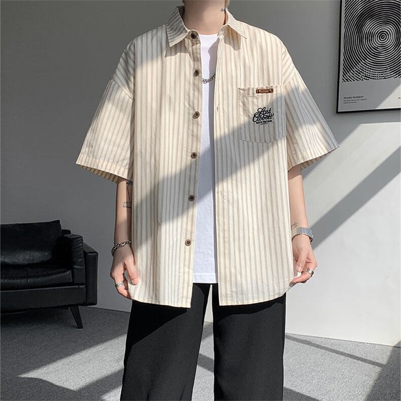 CS1132-特P48 控78 夏新大码刺绣短袖条纹衬衫男学院风（带领带）图片