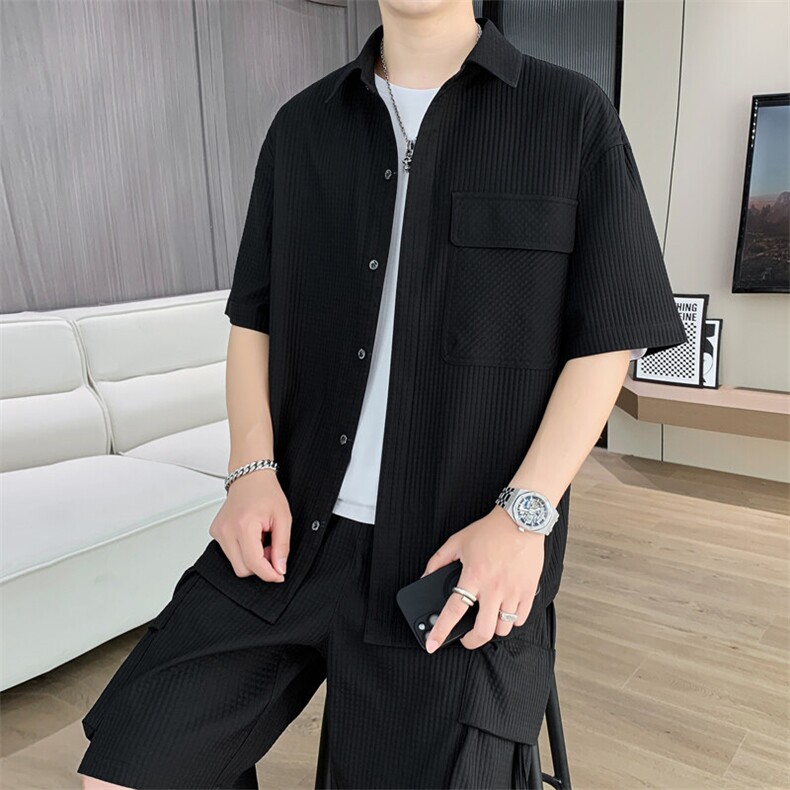 T618-P88夏季薄款衬衫套装男士宽松潮流纯色透气千鸟格两件套,男装衬衫,星座507A（原星座306B-2）