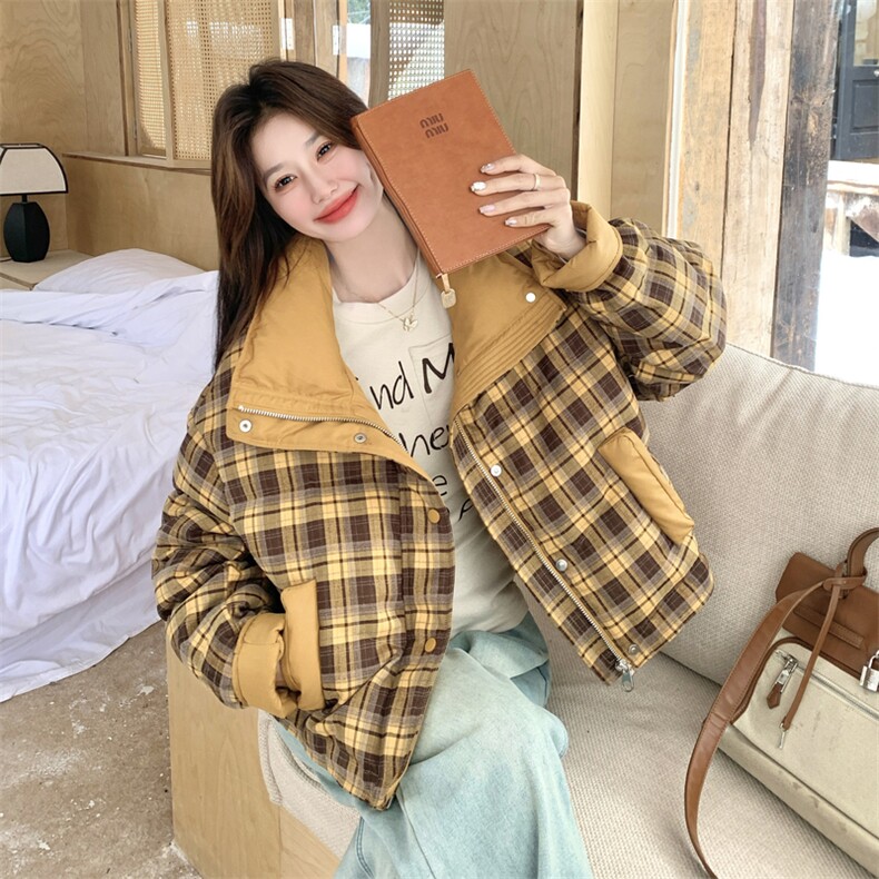 新品黄色格纹短款羽绒服90白鸭绒2C271-9575-P265-K378,女装羽绒服,2C271