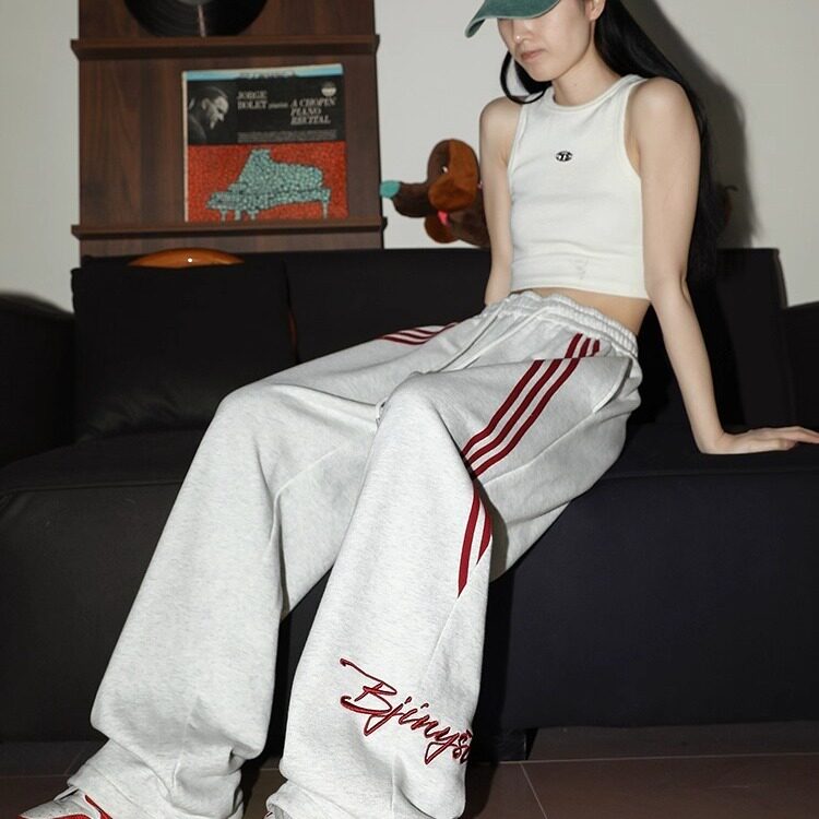 三条杠裤子男款春秋垂坠感阔腿弯刀裤美式复古运动休闲长裤XWK26,男装休闲裤,星座208-5