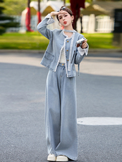 蕾丝拼接牛仔阔腿裤套装女春秋2025新款两件套独特绝美超火高级感，女装套装/套裙，2B115