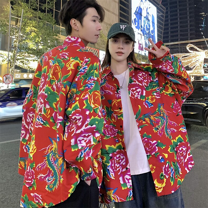 C203情侣大花长袖衬衫男女休闲衬衣新中式汉服团队服表演出宽松潮,男装衬衫,星座115A(原星座507）
