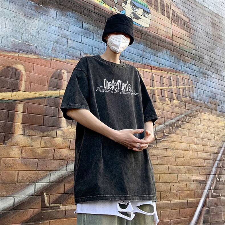 抖音得物供货 240克重磅现货宽松美式纯棉水洗做旧印花T恤ATSX08图片