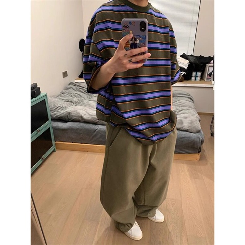 自制~现货~重磅紫色条纹短袖t恤休闲半袖上衣DX091P48,男装T恤,星座908