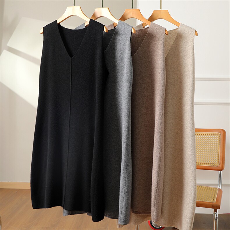秋冬羊毛马甲女连衣裙无袖宽松针织背心中长款毛衣坎肩V领羊毛衫，女装连衣裙，松航羊绒