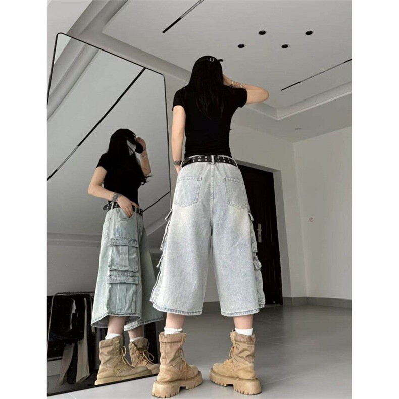 多口袋工装七分牛仔裤男女韩版潮流2025夏季ins短裤子RK2602-P59,男装牛仔裤,星座412-3