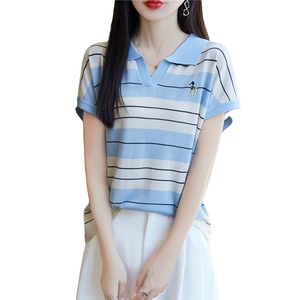 2025夏新款撞色条纹polo领针织冰丝小飞袖上衣女洋气短袖t恤小衫图片